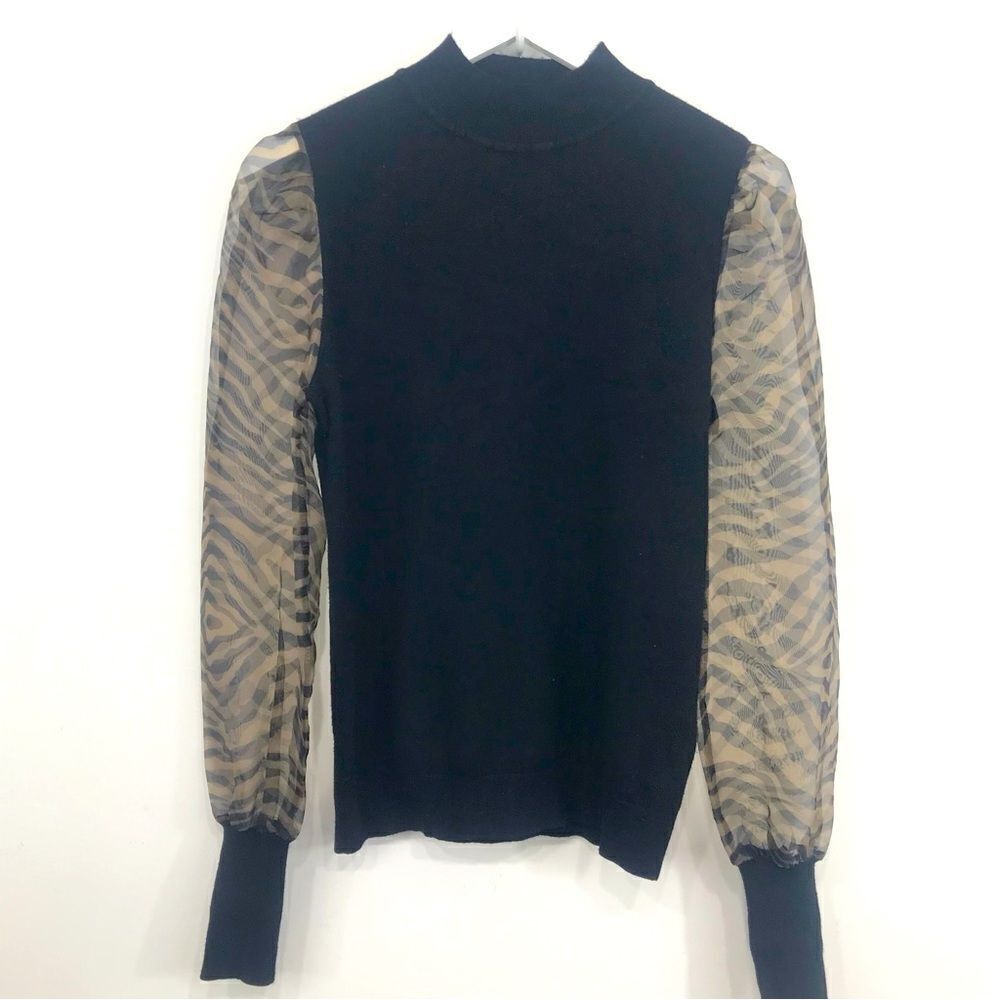 Sioni Milano Black Knit Semi Sheer Zebra Sleeve Pullover Mock Neck Sweater